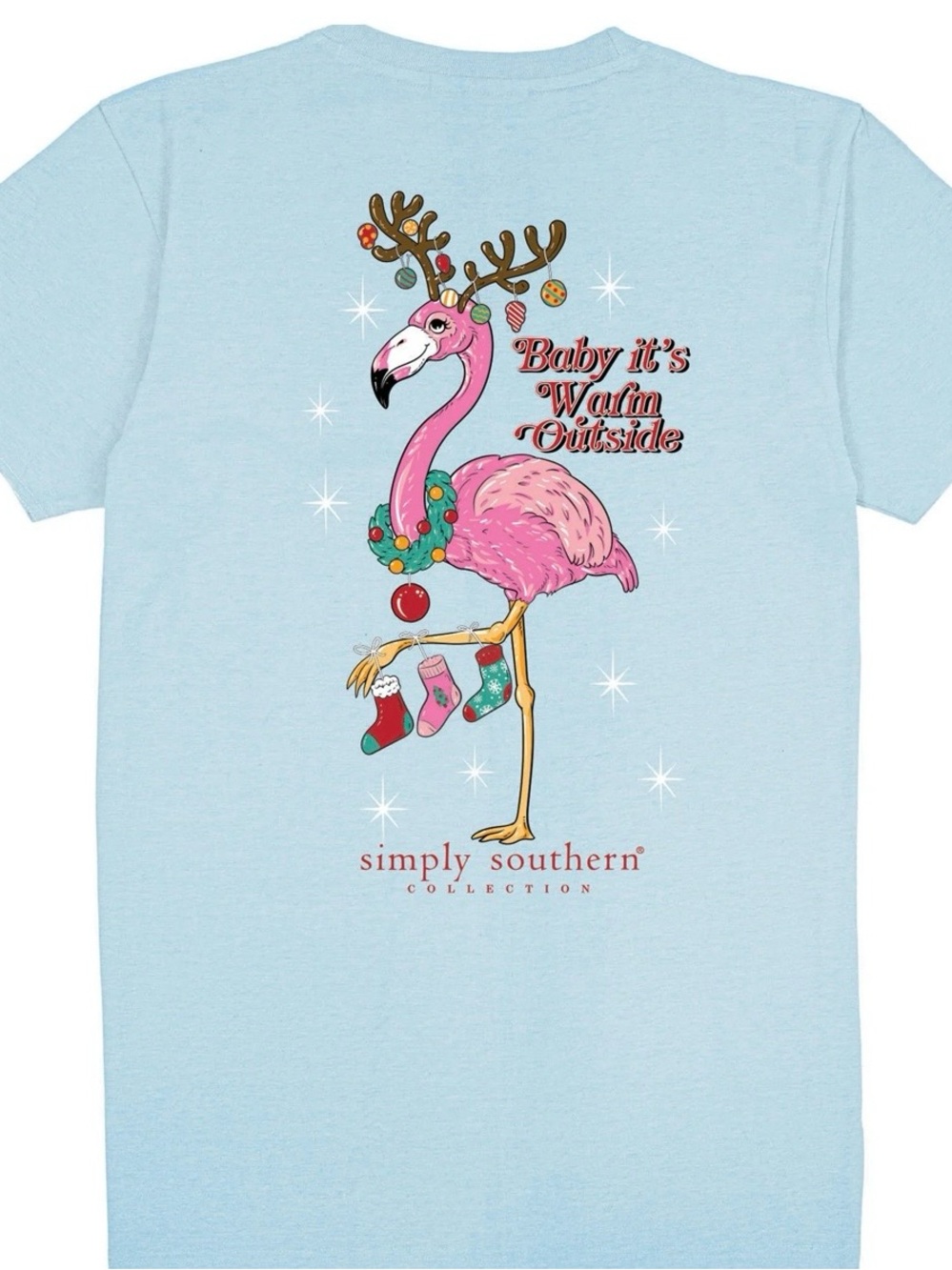 New Simply Southern Light Blue Flamingo Christmas Short Sleeve Tee XXL 2XL